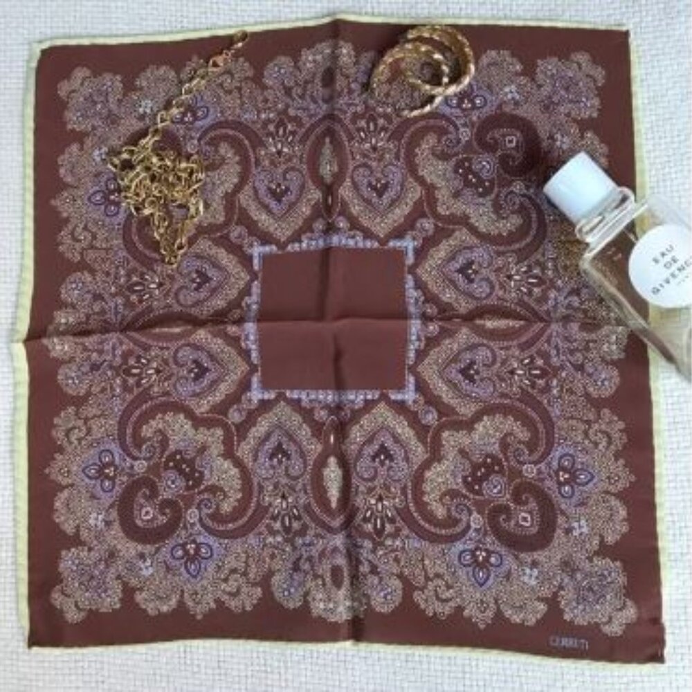 Cerruti Brown Geometric Floral Printed Silk Square Scarf - Made in Italy